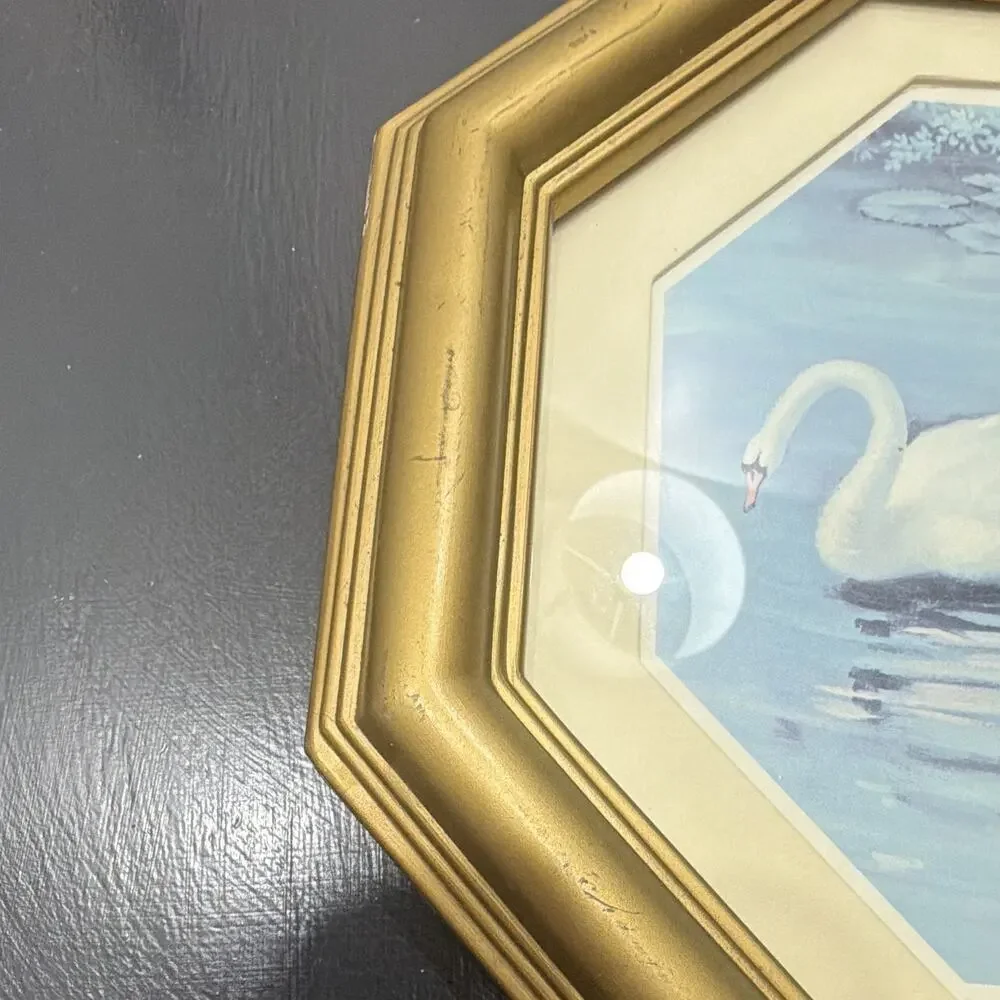 Vintage Gold Ornate Octagon Hanging Photo Frame 10” hexagon Swan Theme Landscape